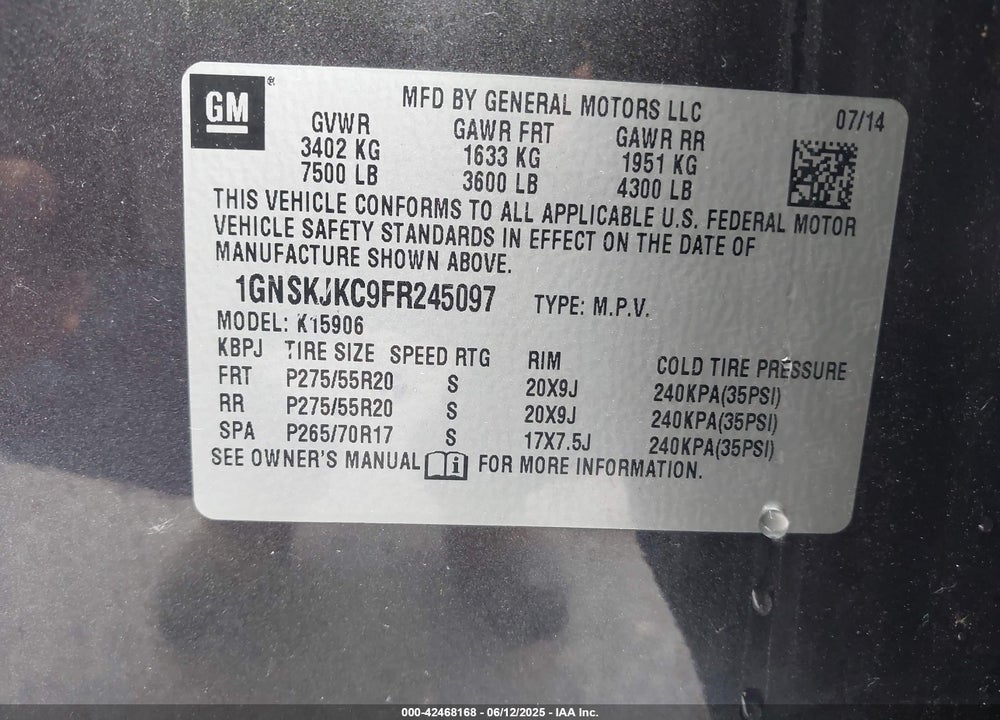 2015 CHEVROLET SUBURBAN 1500 LT VIN: 1GNSKJKC9FR245097