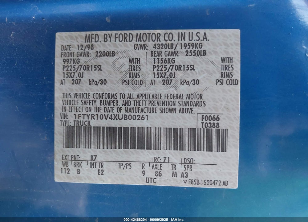 1999 FORD RANGER XL/XLT VIN: 1FTYR10V4XUB00261