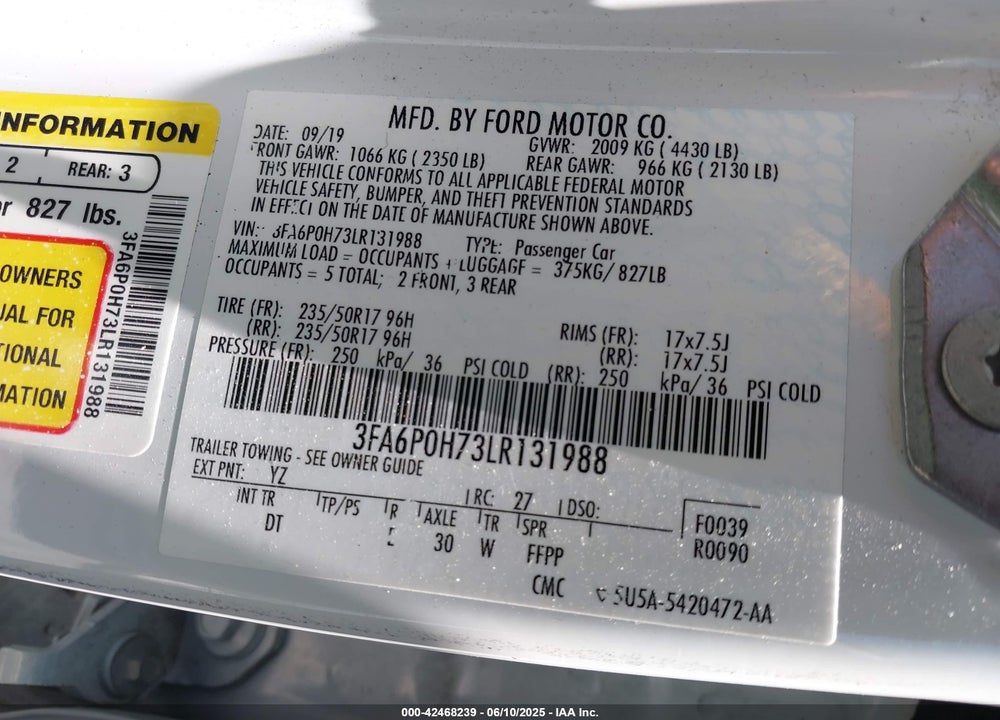 2020 FORD FUSION SE VIN: 3FA6P0H73LR131988