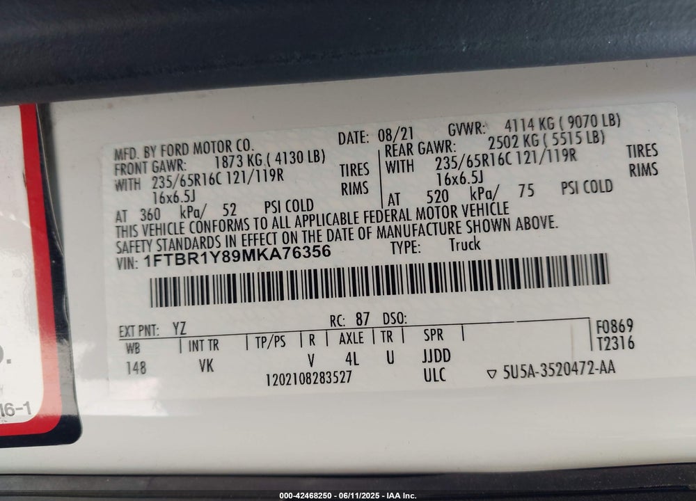 2021 FORD TRANSIT-250 VIN: 1FTBR1Y89MKA76356