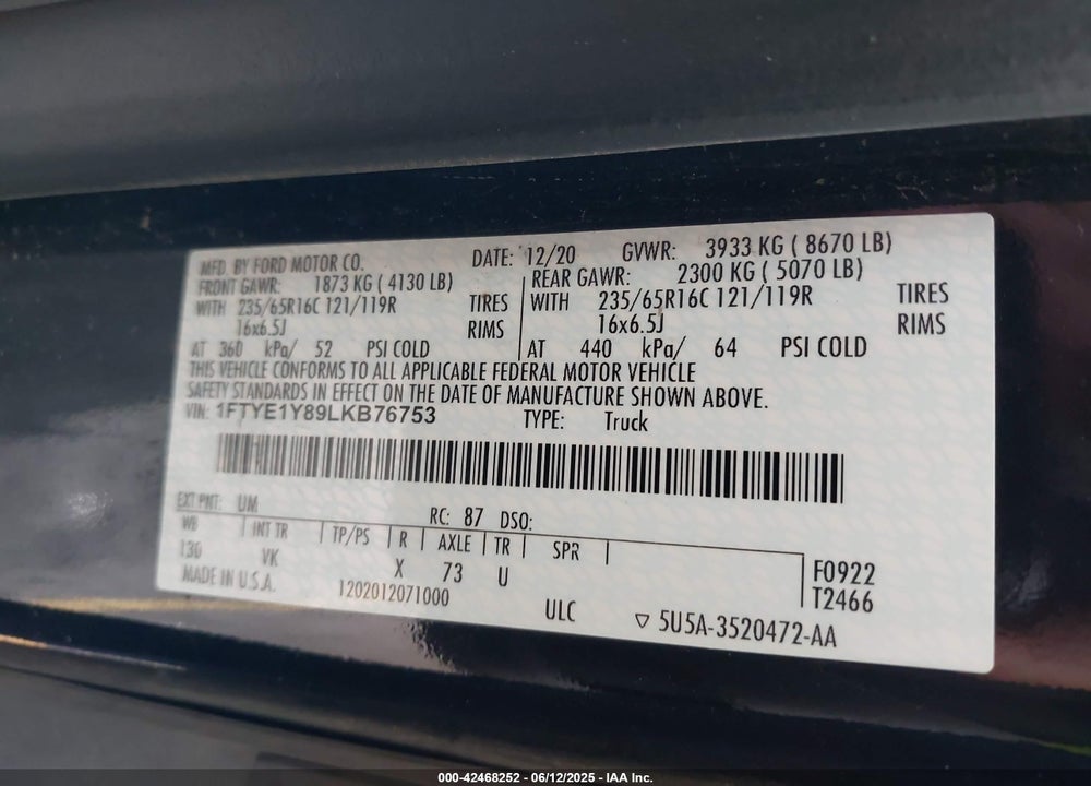 2020 FORD TRANSIT-150 VIN: 1FTYE1Y89LKB76753