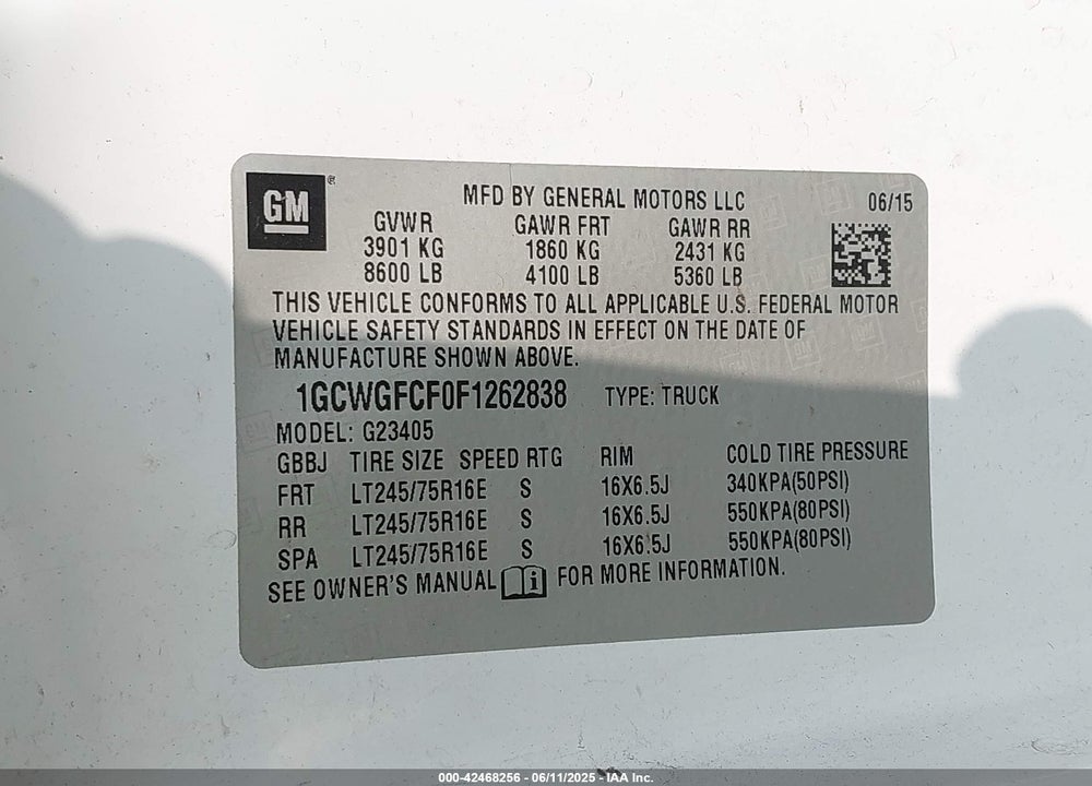 2015 CHEVROLET EXPRESS 2500 WORK VAN VIN: 1GCWGFCF0F1262838