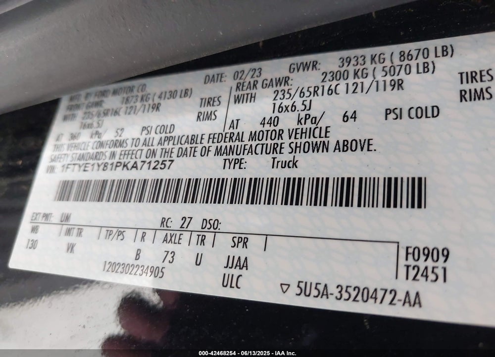 2023 FORD TRANSIT-150 VIN: 1FTYE1Y81PKA71257