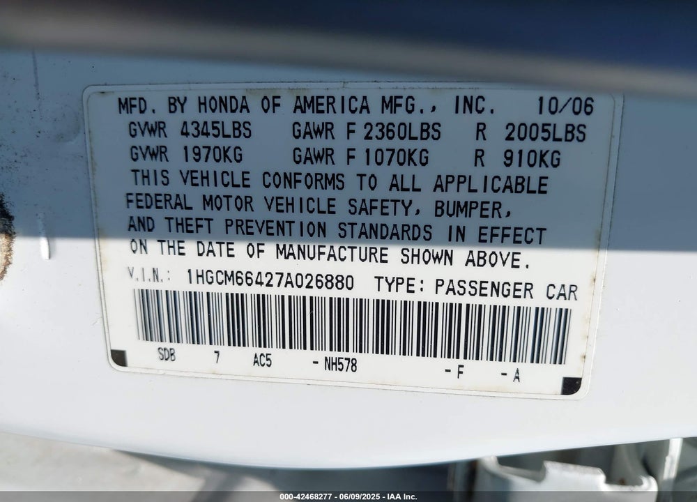 2007 HONDA ACCORD VIN: 1HGCM66427A026880