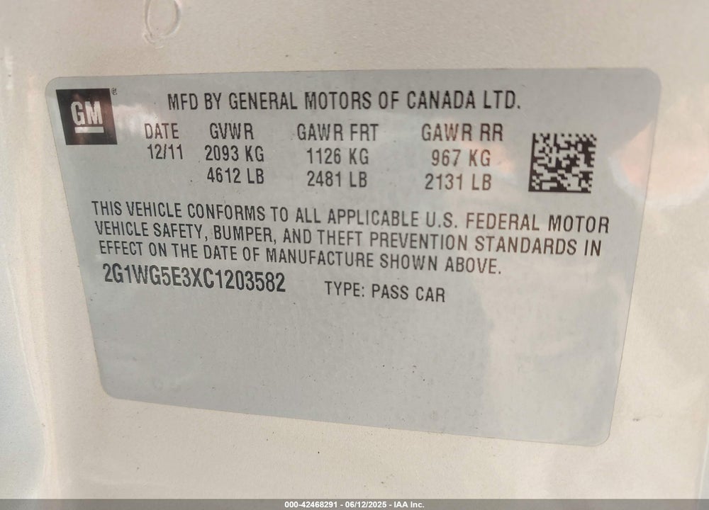 2012 CHEVROLET IMPALA LT VIN: 2G1WG5E3XC1203582