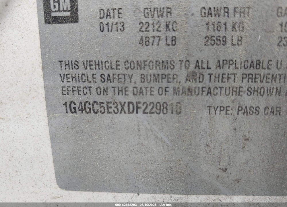 2013 BUICK LACROSSE LEATHER GROUP VIN: 1G4GC5E3XDF229810