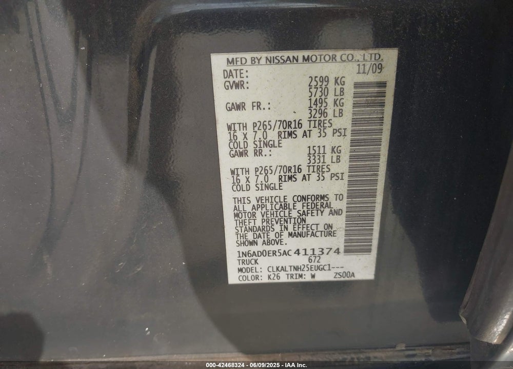 2010 NISSAN FRONTIER VIN: 1N6AD0ER5AC411374