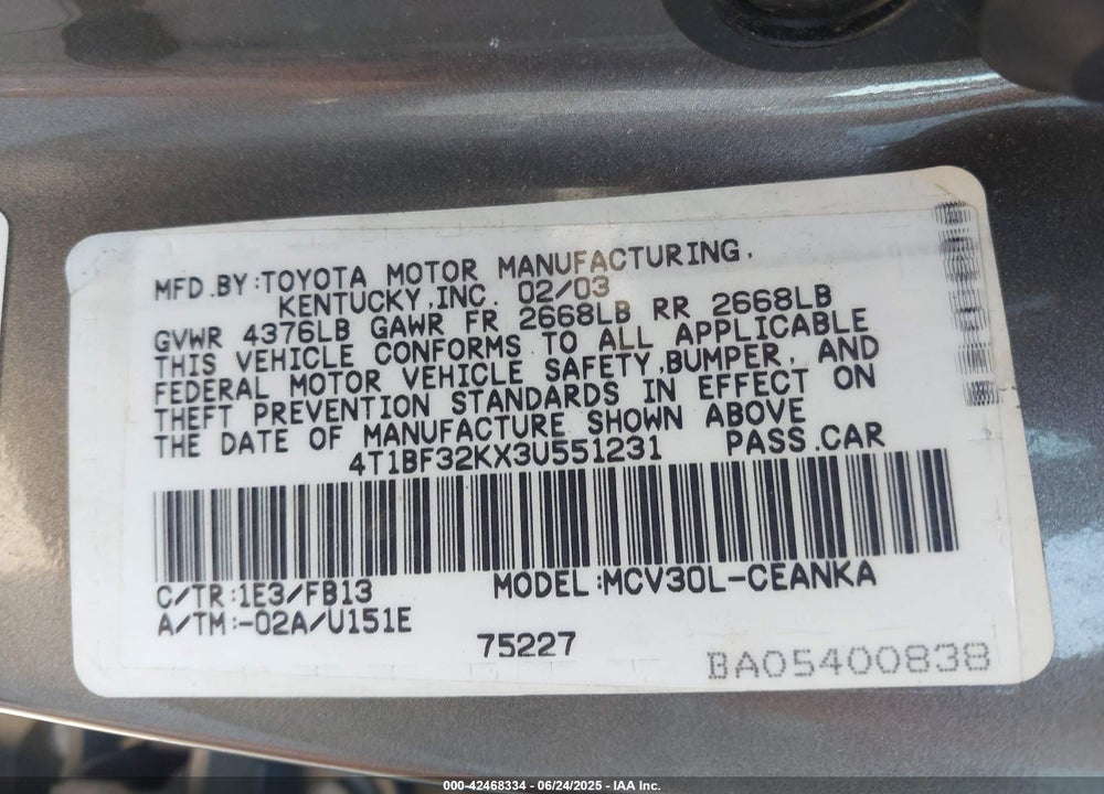 2003 TOYOTA CAMRY VIN: 4T1BF32KX3U551231