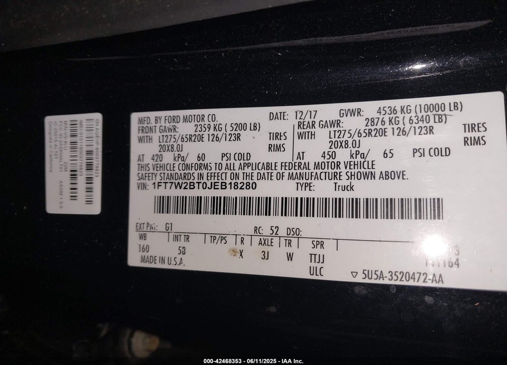 2018 FORD F250 VIN: 1FT7W2BT0JEB18280