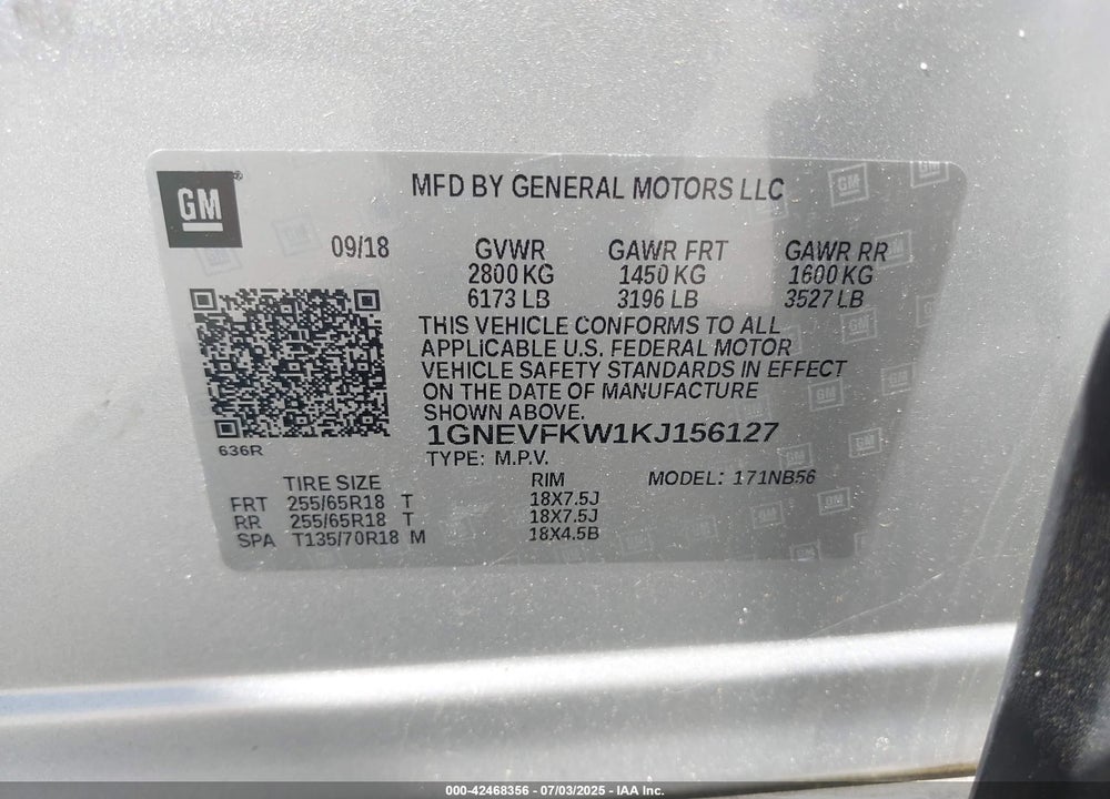 2019 CHEVROLET TRAVERSE LS VIN: 1GNEVFKW1KJ156127