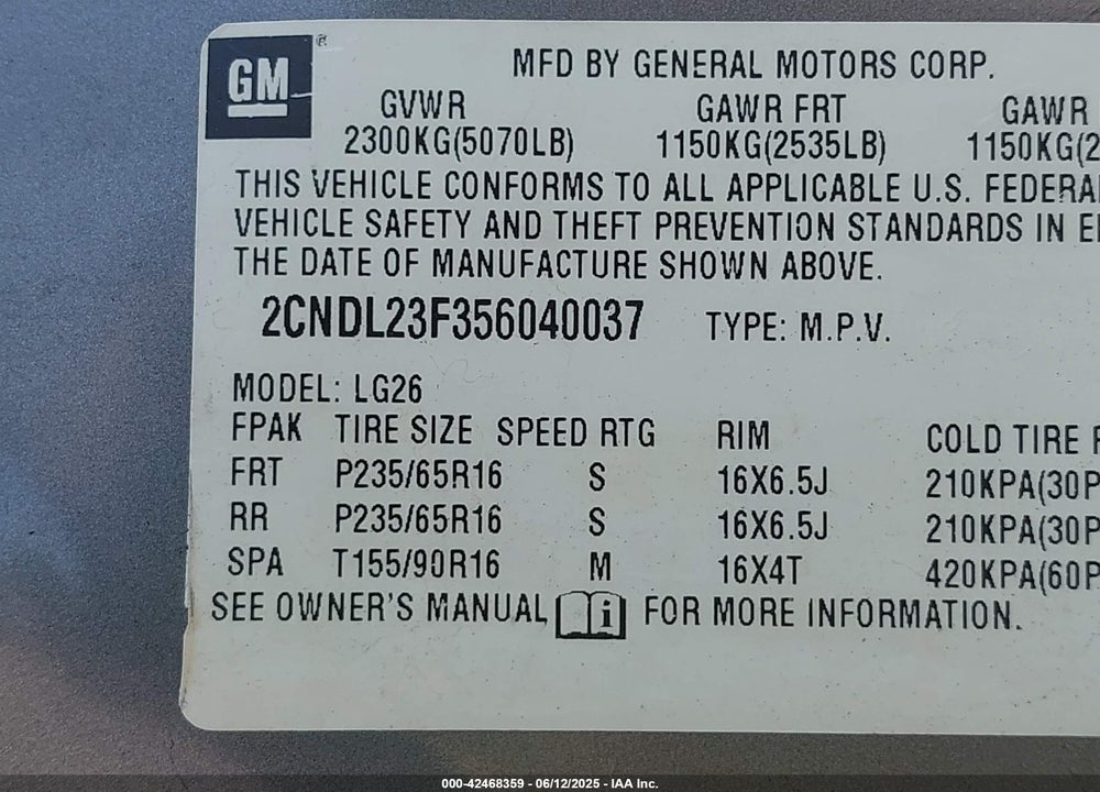 2005 CHEVROLET EQUINOX LS VIN: 2CNDL23F356040037