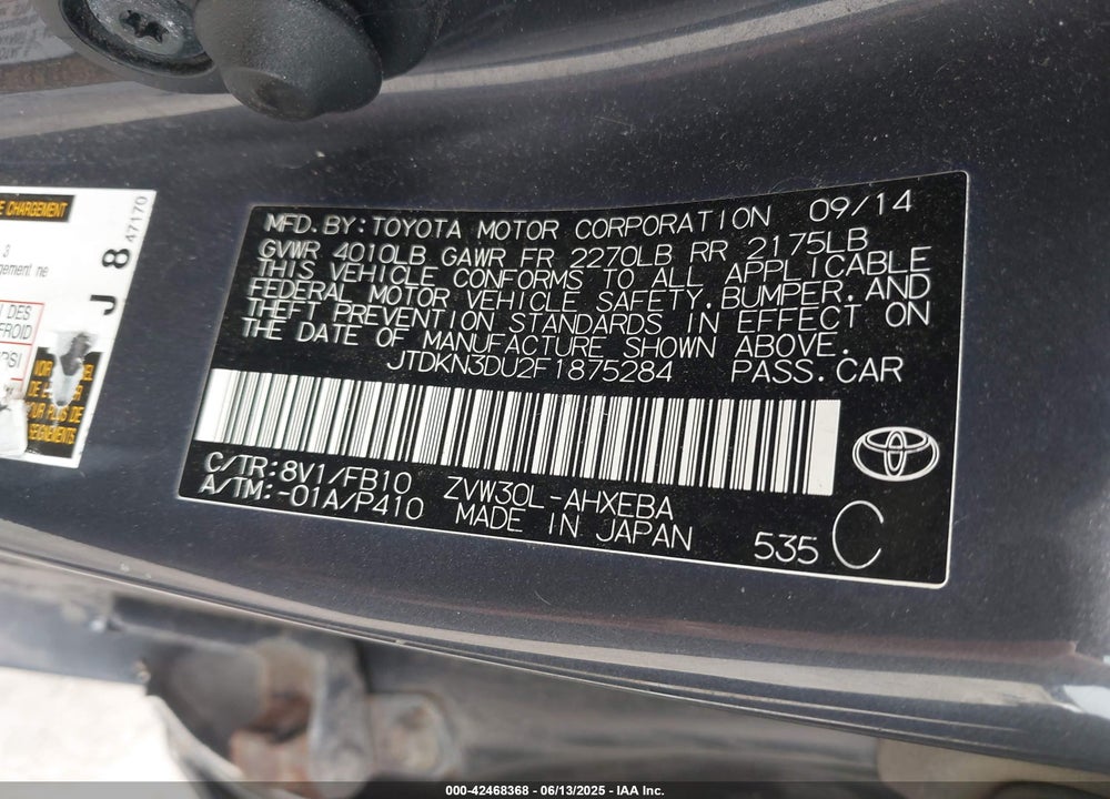 2015 TOYOTA PRIUS VIN: JTDKN3DU2F1875284