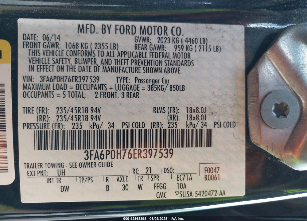 2014 FORD FUSION VIN: 3FA6P0H76ER397539