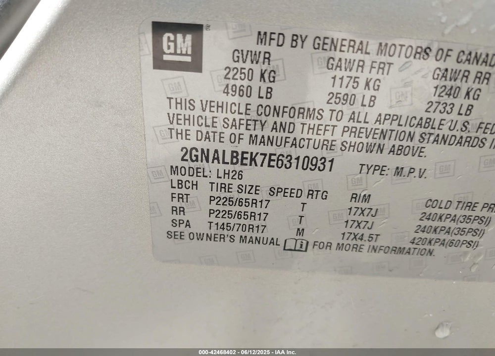2014 CHEVROLET EQUINOX VIN: 2GNALBEK7E6310931