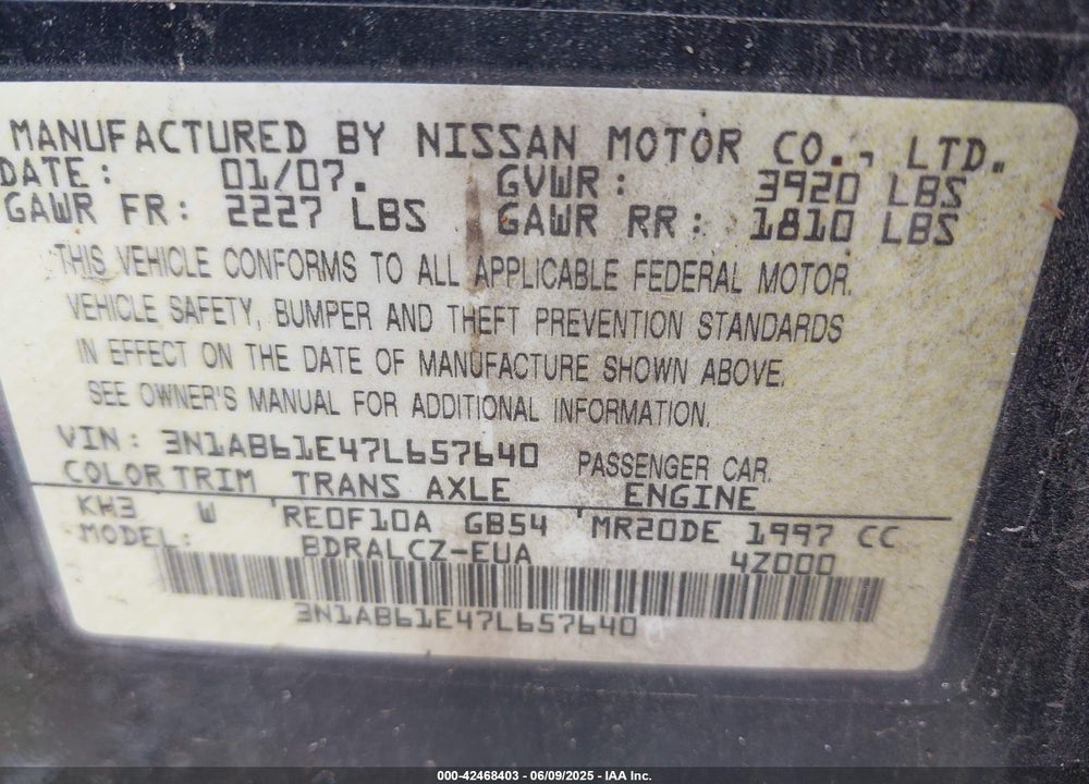 2007 NISSAN SENTRA 2.0 VIN: 3N1AB61E47L657640