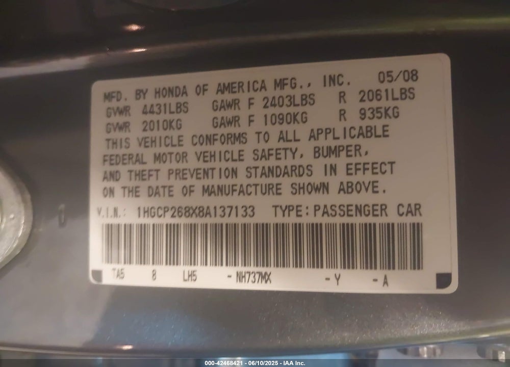 2008 HONDA ACCORD VIN: 1HGCP268X8A137133