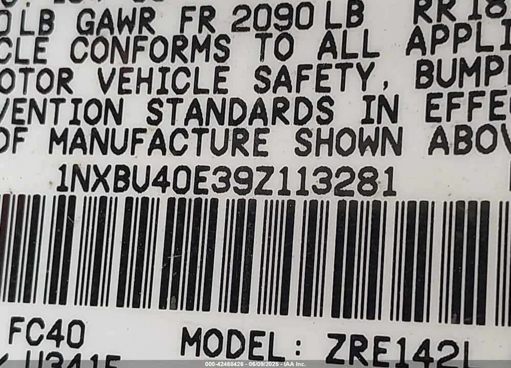2009 TOYOTA COROLLA VIN: 1NXBU40E39Z113281