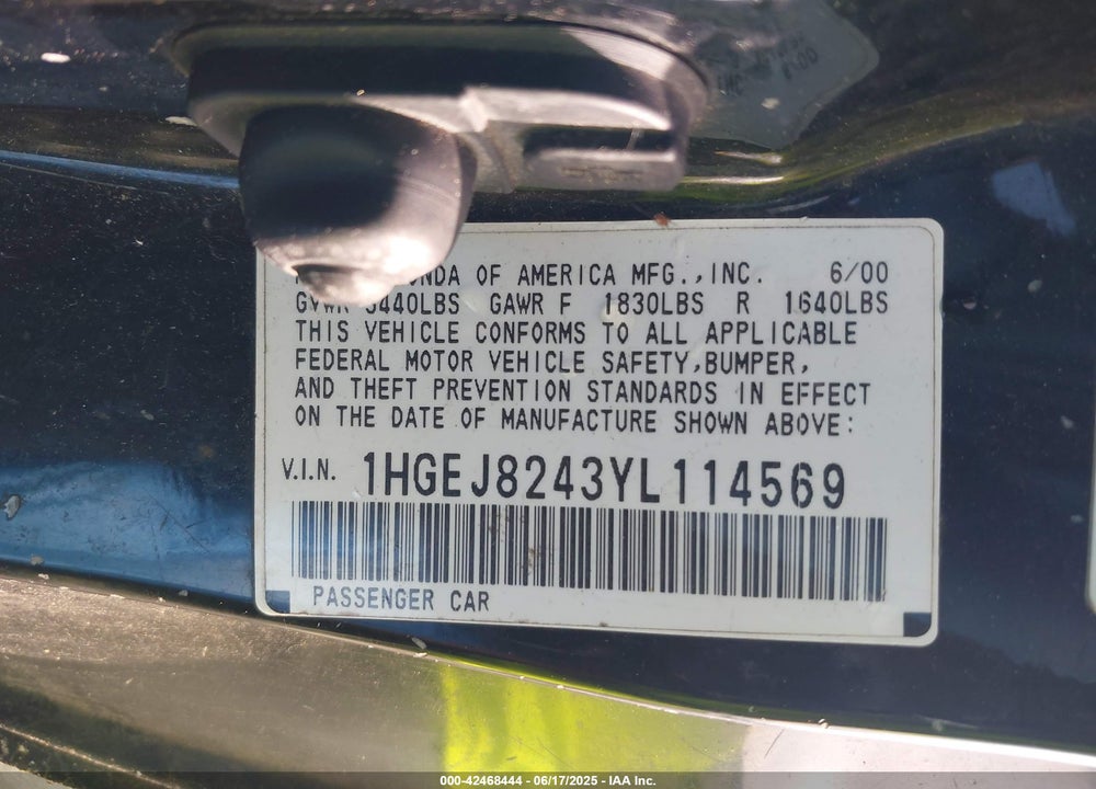 2000 HONDA CIVIC EX VIN: 1HGEJ8243YL114569