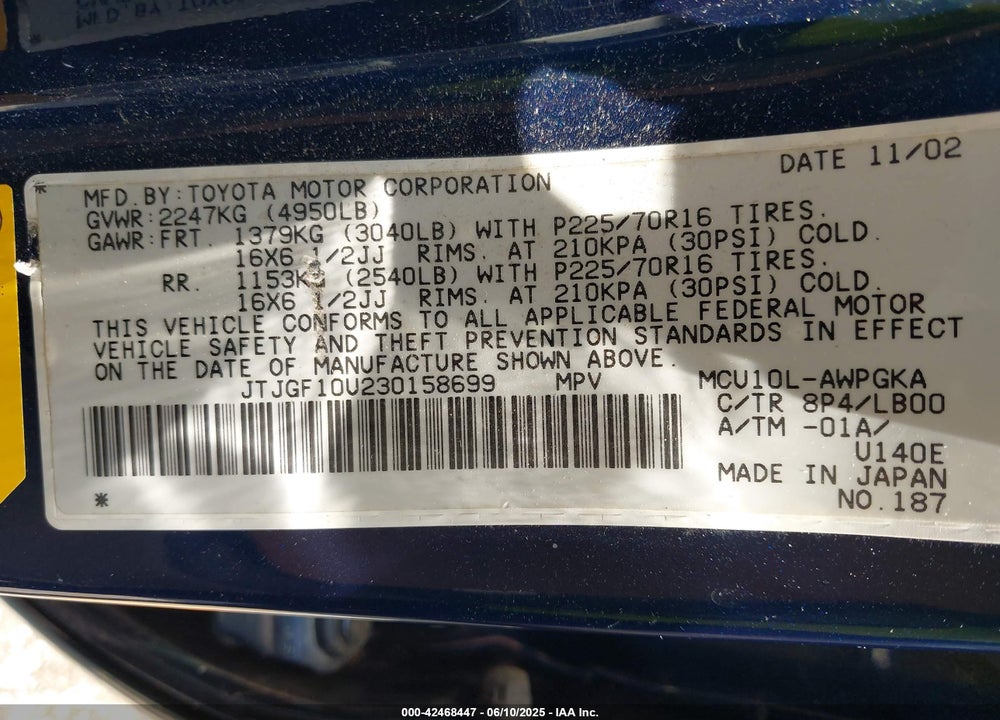 2003 LEXUS RX 300 VIN: JTJGF10U230158699