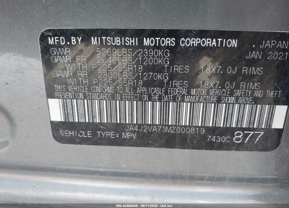 2021 MITSUBISHI OUTLANDER PHEV VIN: JA4J2VA73MZ000819