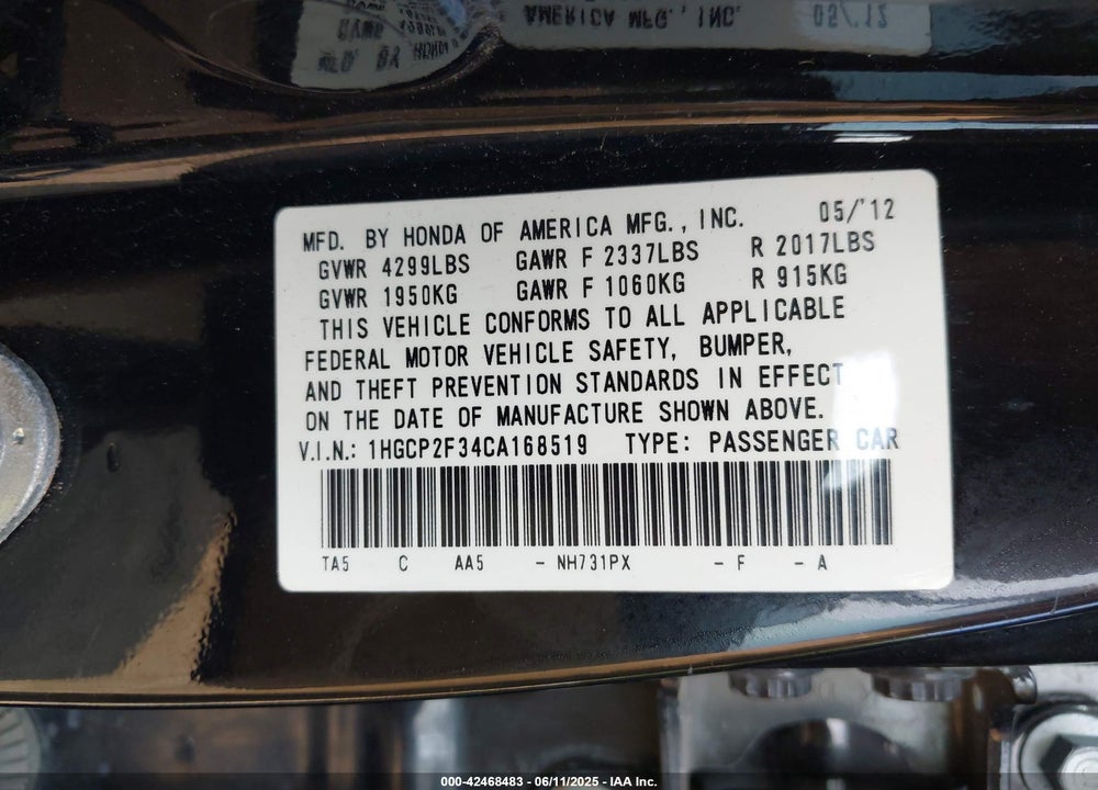 2012 HONDA ACCORD VIN: 1HGCP2F34CA168519