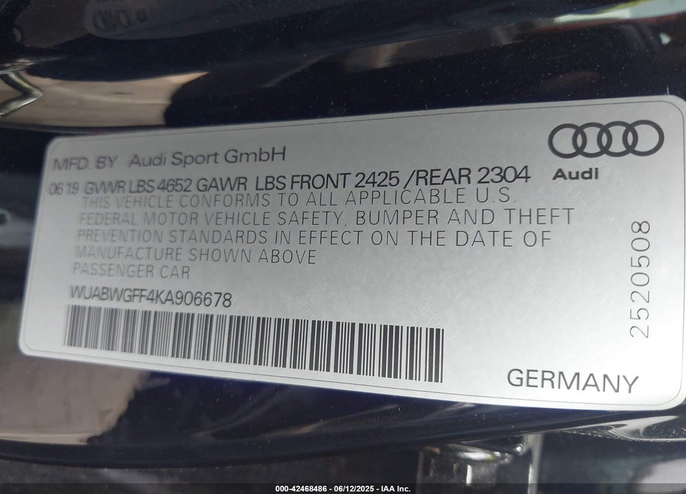 2019 AUDI RS3 VIN: WUABWGFF4KA906678