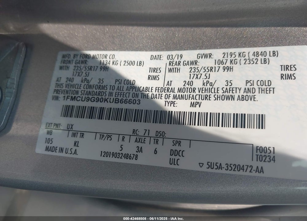 2019 FORD ESCAPE VIN: 1FMCU9G90KUB66603