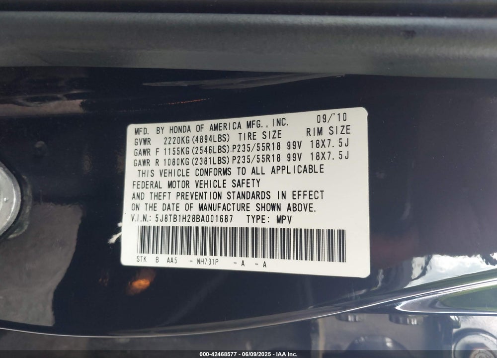 2011 ACURA RDX VIN: 5J8TB1H28BA001687