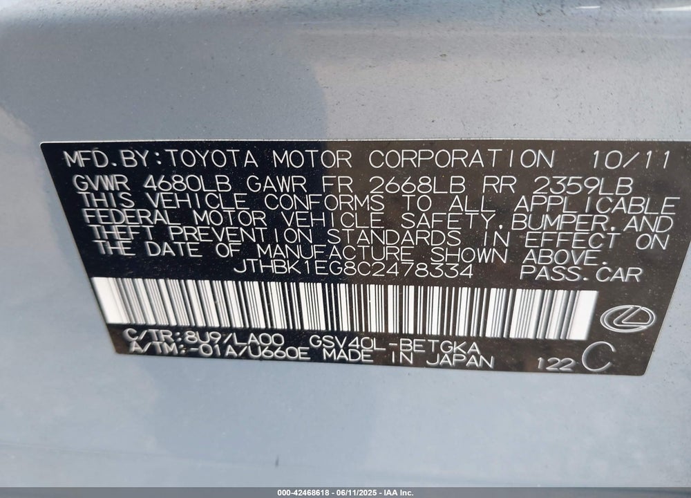 2012 LEXUS ES350 VIN: JTHBK1EG8C2478334
