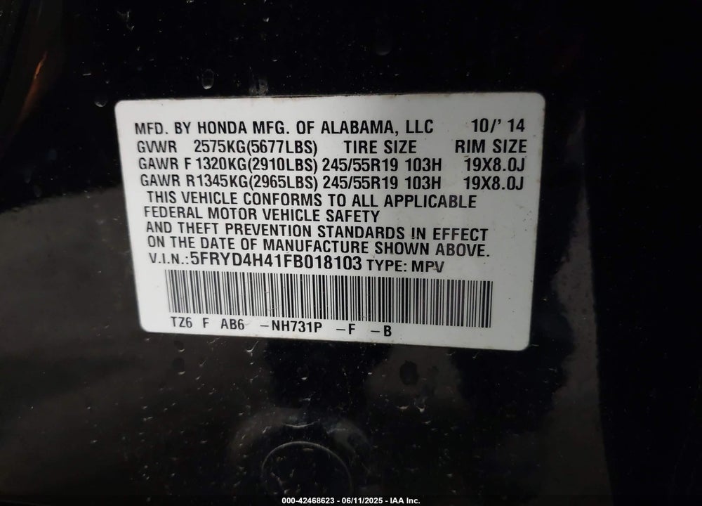 2015 ACURA MDX TECHNOLOGY PACKAGE VIN: 5FRYD4H41FB018103