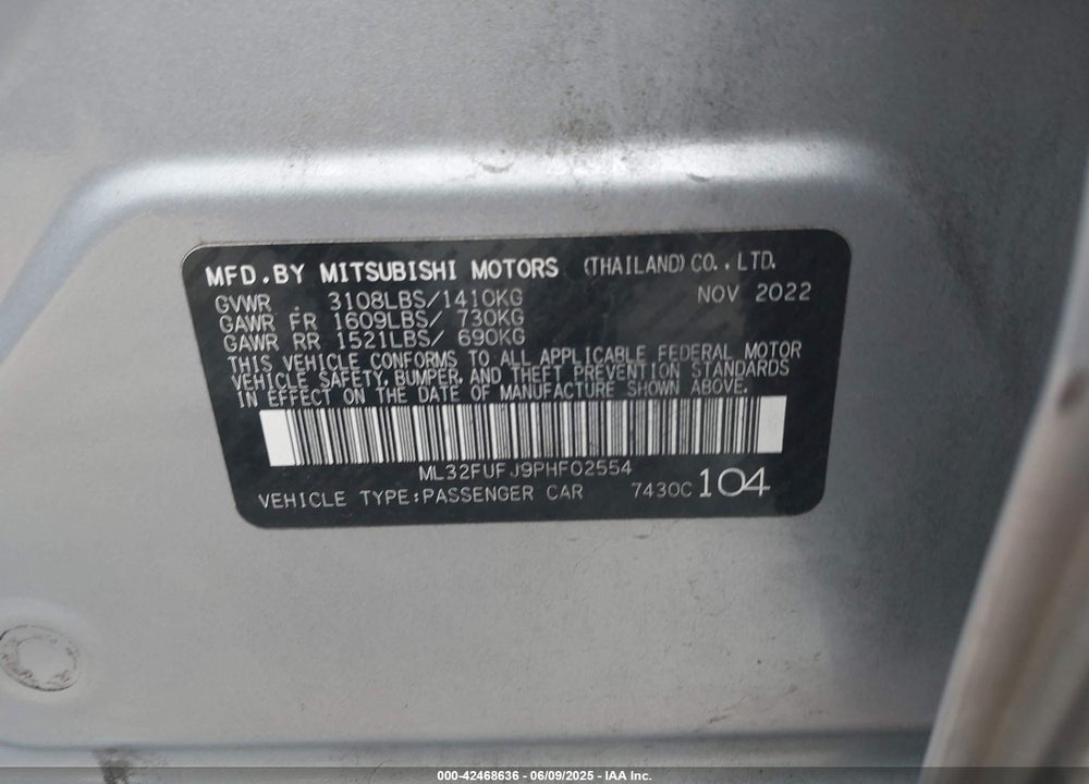 2023 MITSUBISHI MIRAGE VIN: ML32FUFJ9PHF02554