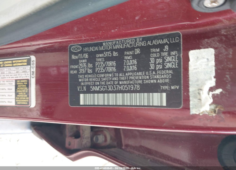 2007 HYUNDAI SANTA FE GLS VIN: 5NMSG13D37H051978