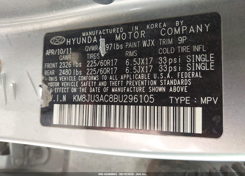 2011 HYUNDAI TUCSON GLS VIN: KM8JU3AC8BU296105