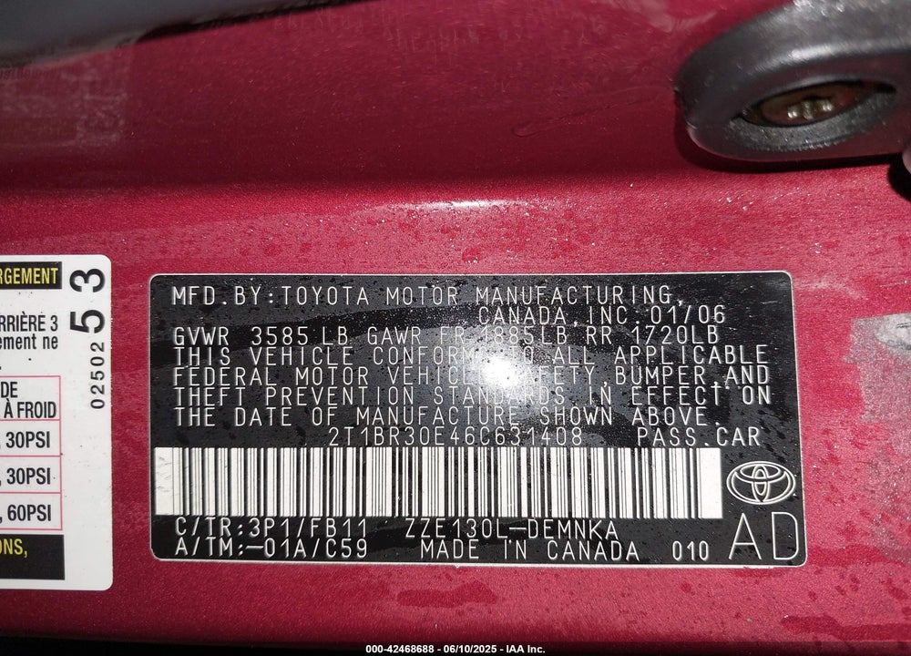 2006 TOYOTA COROLLA VIN: 2T1BR30E46C631408