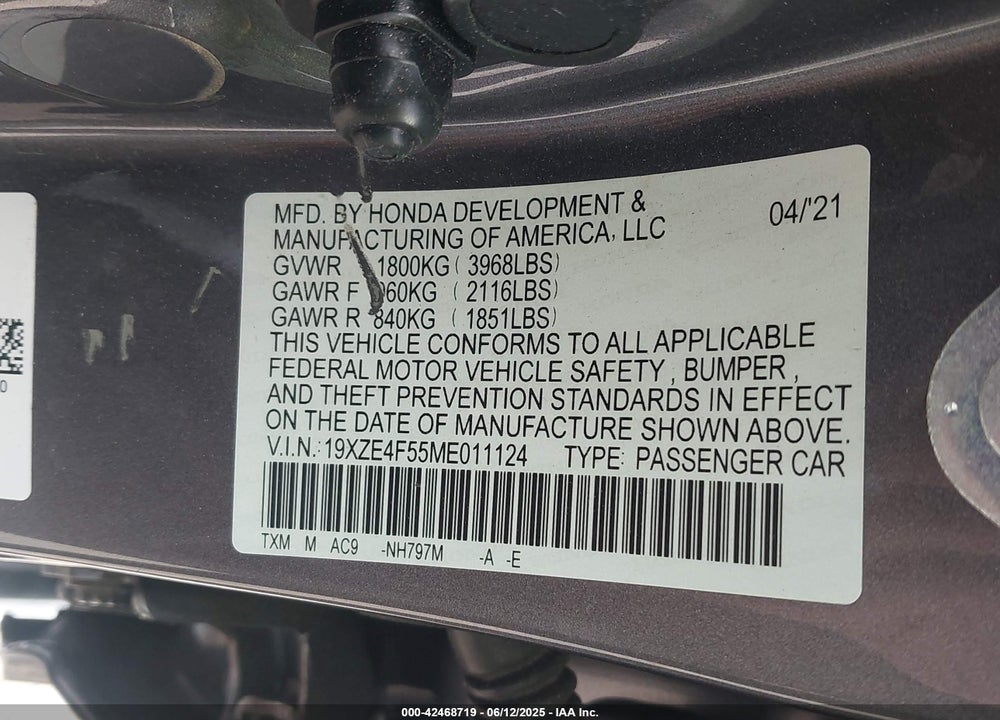2021 HONDA INSIGHT VIN: 19XZE4F55ME011124