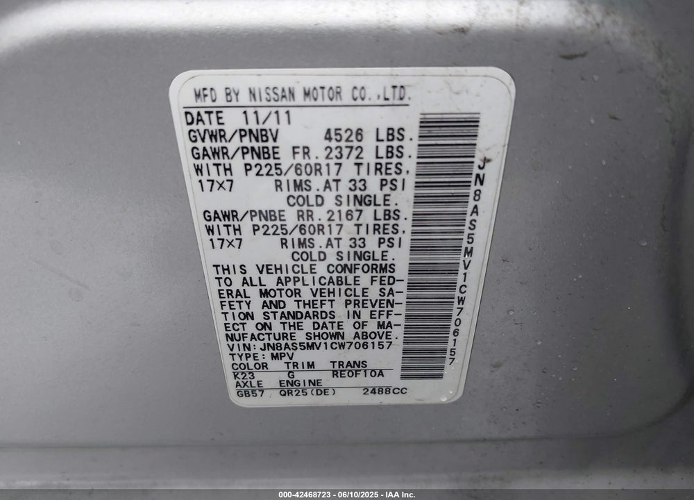 2012 NISSAN ROGUE VIN: JN8AS5MV1CW706157