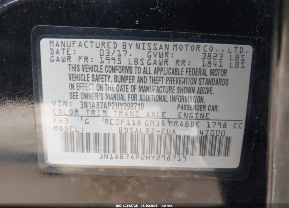 2017 NISSAN SENTRA VIN: 3N1AB7AP2HY298719