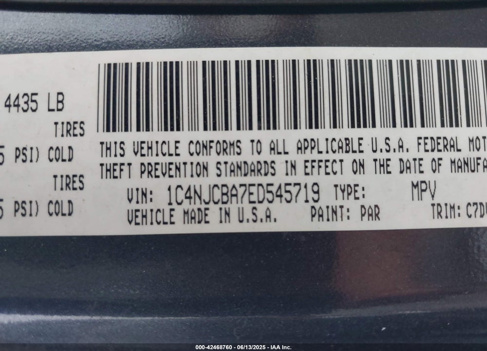 2014 JEEP COMPASS VIN: 1C4NJCBA7ED545719