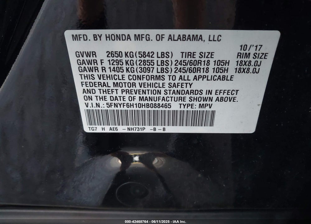 2017 HONDA PILOT LX VIN: 5FNYF6H10HB088465