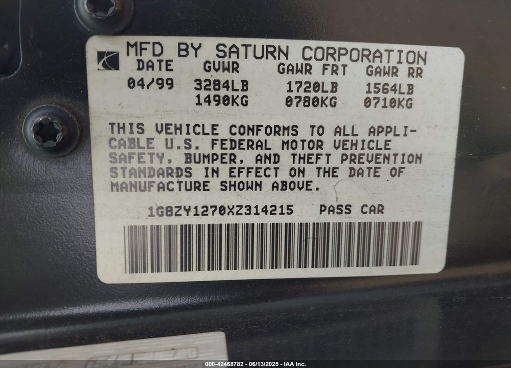 1999 SATURN SC2 VIN: 1G8ZY1270XZ314215