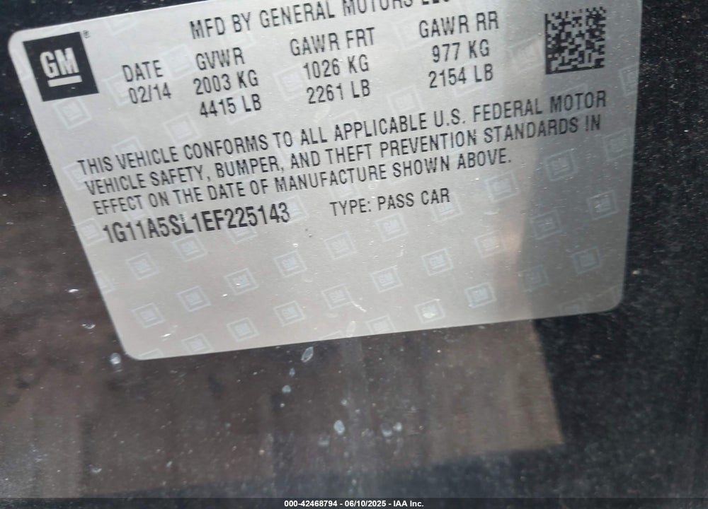 2014 CHEVROLET MALIBU VIN: 1G11A5SL1EF225143