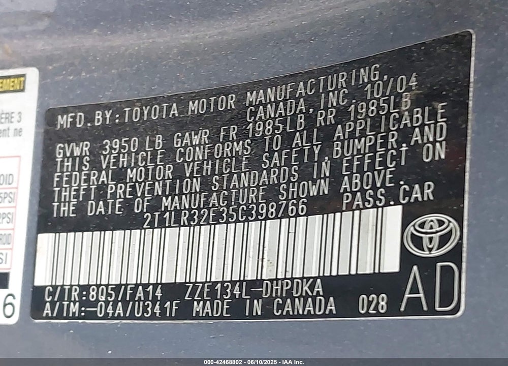 2005 TOYOTA MATRIX VIN: 2T1LR32E35C398766