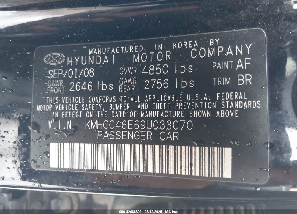 2009 HYUNDAI GENESIS 3.8 VIN: KMHGC46E69U033070