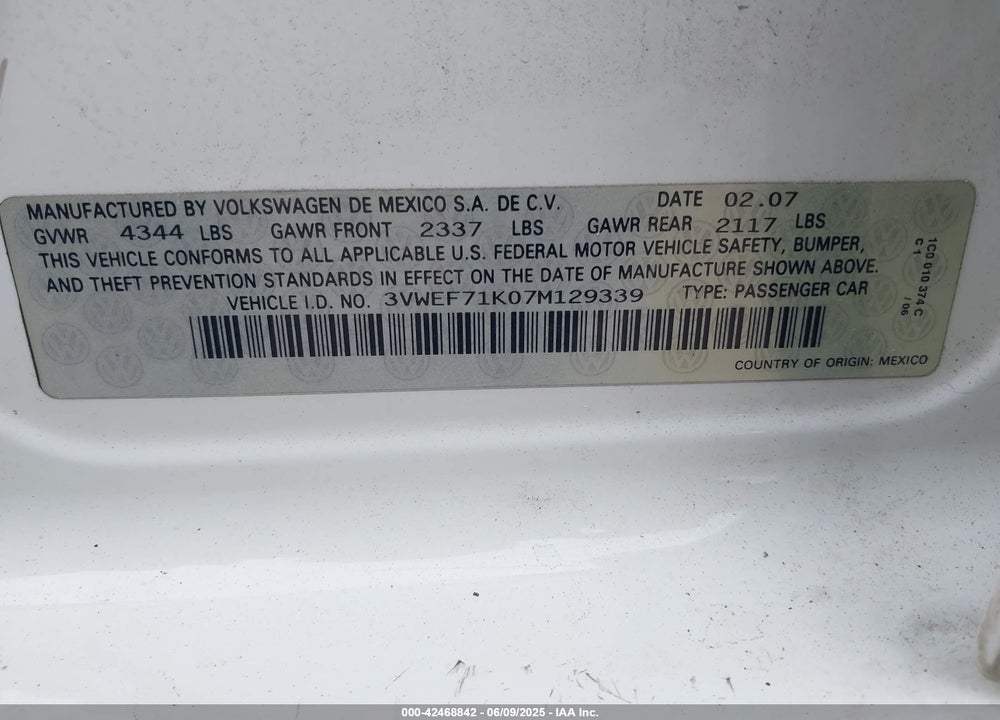 2007 VOLKSWAGEN JETTA WOLFSBURG EDITION VIN: 3VWEF71K07M129339