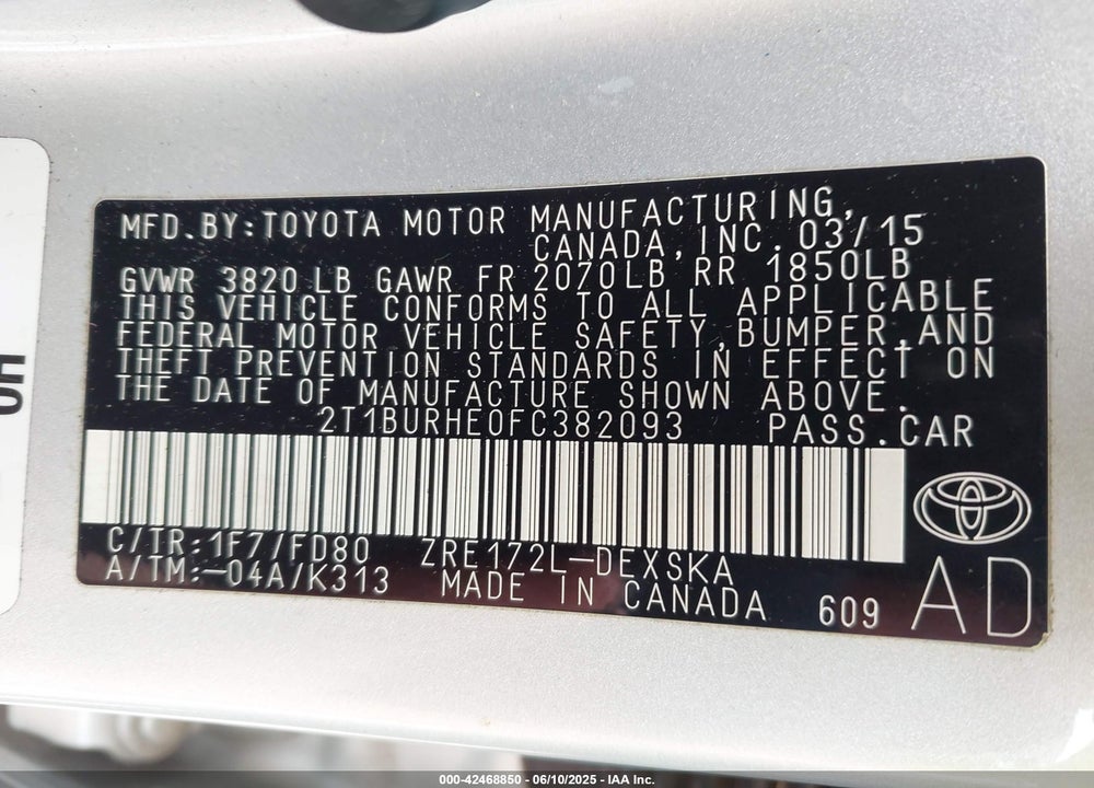 2015 TOYOTA COROLLA VIN: 2T1BURHE0FC382093