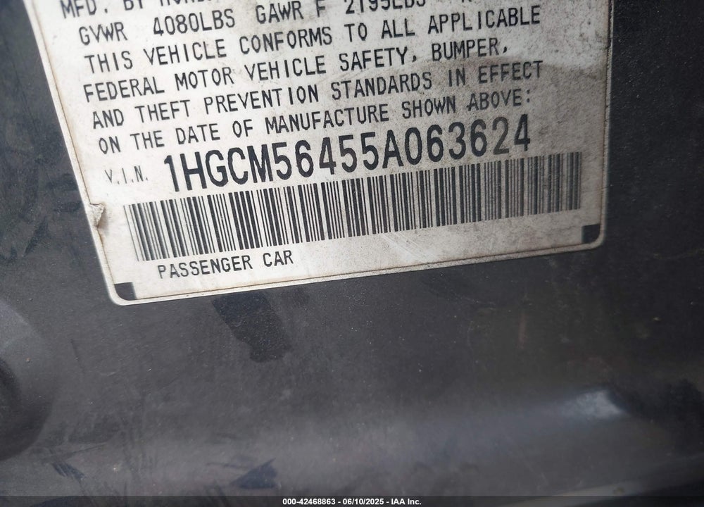 2005 HONDA ACCORD VIN: 1HGCM56455A063624