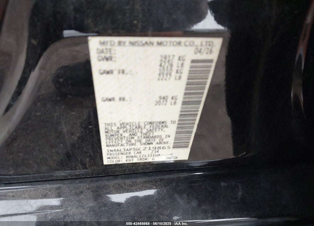 2016 NISSAN ALTIMA 2.5 SV VIN: 1N4AL3AP3GC219865