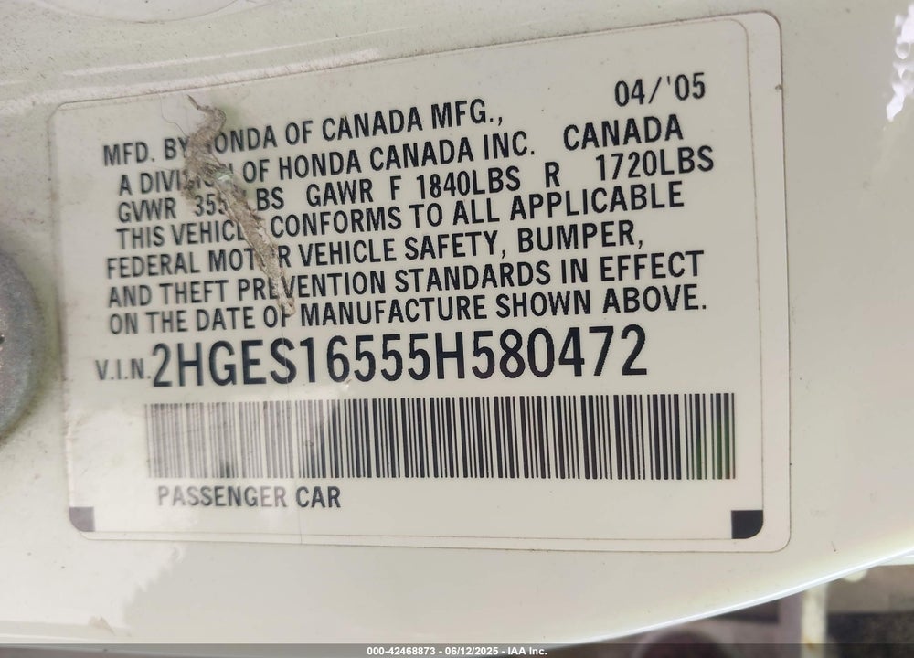 2005 HONDA CIVIC LX VIN: 2HGES16555H580472