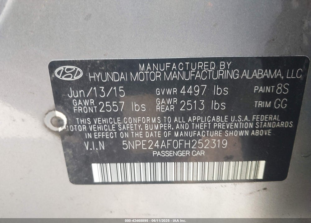 2015 HYUNDAI SONATA VIN: 5NPE24AF0FH252319