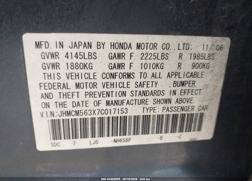 2007 HONDA ACCORD VIN: JHMCM563X7C017153